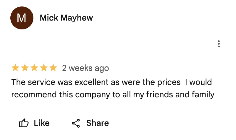 Image of 5 star review for medino on Google, from customer Mick Mayhew, with text saying: 'The service was excellent as were the prices I would recommend this company to all my friends and family'