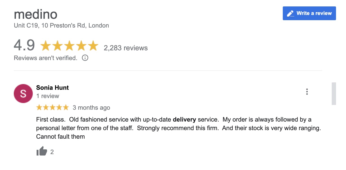 Image of 5 star review from customer Sonia, with text saying: 'First class... My order is always followed by a personal letter from one of the staff. Strongly recommend this firm. And their stock is very wide-ranging. Cannot fault them'