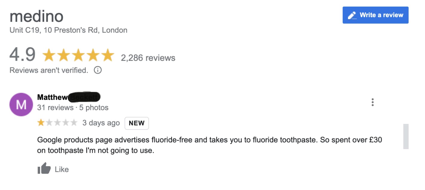 Image of 1 star review from customer Matthew, with text including: 'Google products page advertises fluroide-free and takes you to fluoride-toothpaste'