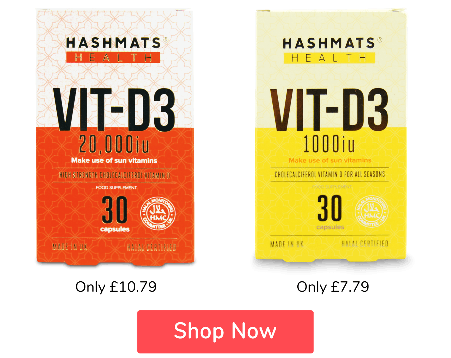 Two boxes of hashmats vitamin D and a button saying 'shop now'
