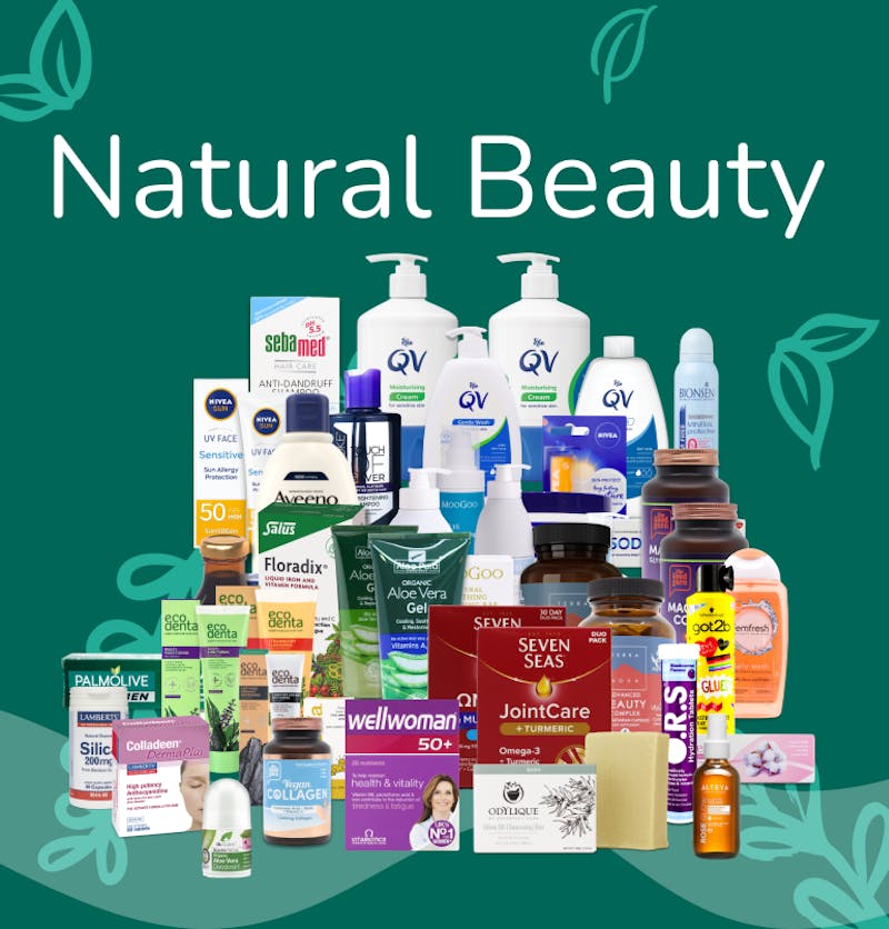 Text saying Natural Beauty and a range of beauty products