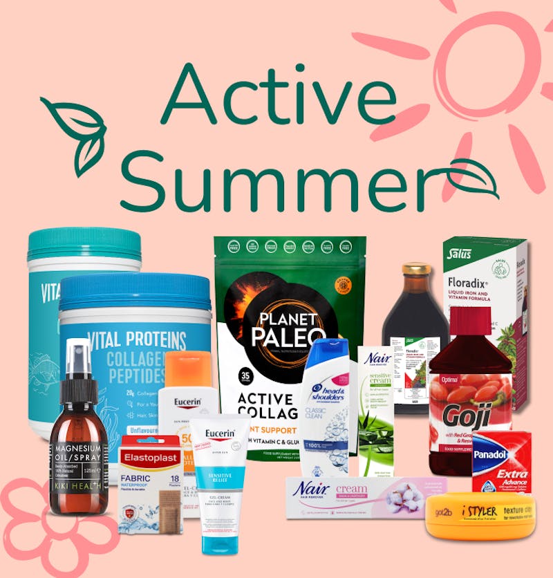 A sun behind a range of products with focus on active living. Text saying Active summer.