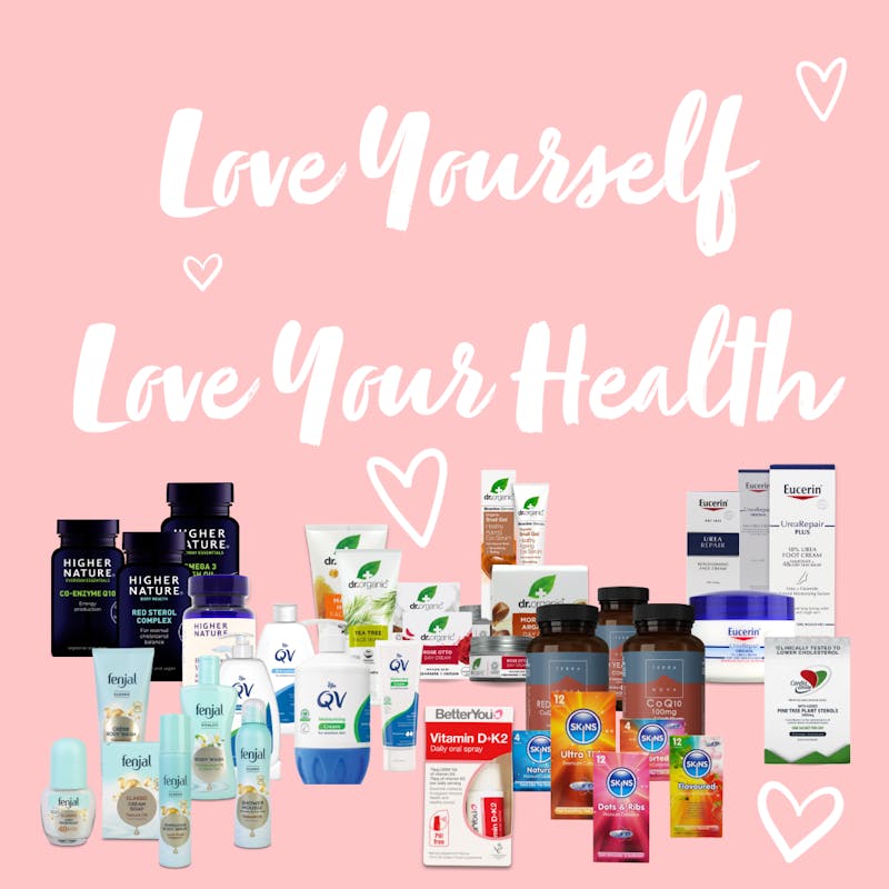 Text saying Love yourself, love your health. Some hearts on a pink background and many health products in front.