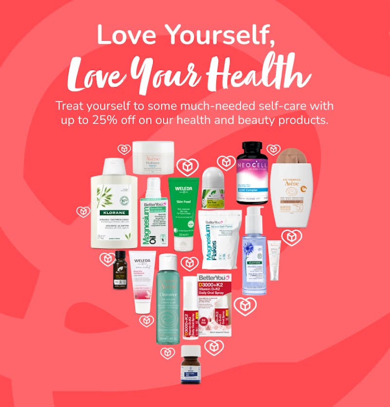 A selection of pharmacy products arranged into an heart shape on a red background with wording above saying Love Yourself, Love Your Health.