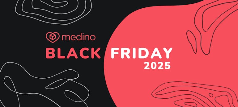 White text on black background saying: 'Black Friday Sale, up to 30% off 1000+ products, at medino.com'