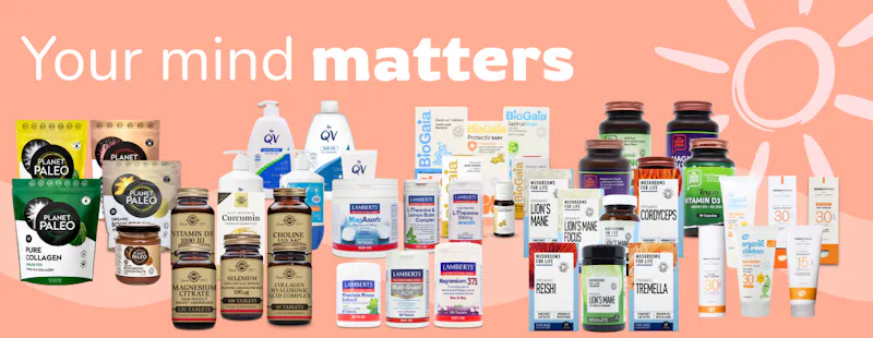 Text saying Your Mind Matters and a selection of health and beauty products focusing on mental health, showcasing whats on offer