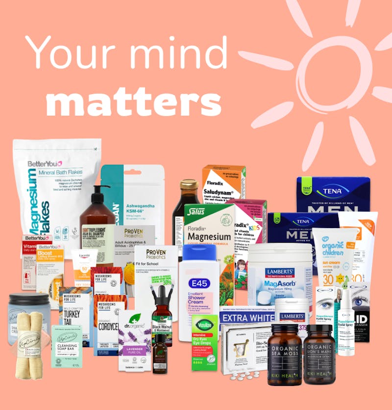 Text saying Your mind matters and a range of products for mental wellbeing