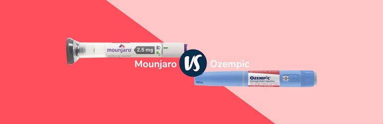 Graphic of a Mounjaro pen opposite an Ozempic pen