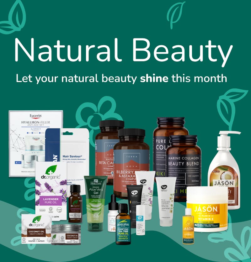 A range of beauty products, skin creams and supplements with text saying natural beauty