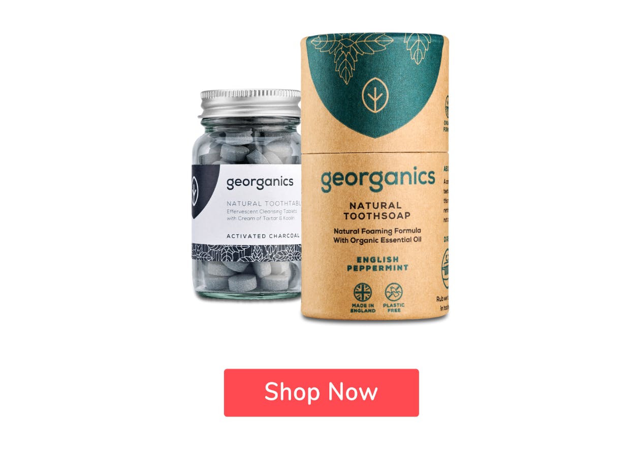 georganics toothpaste products with button ‘shop now’