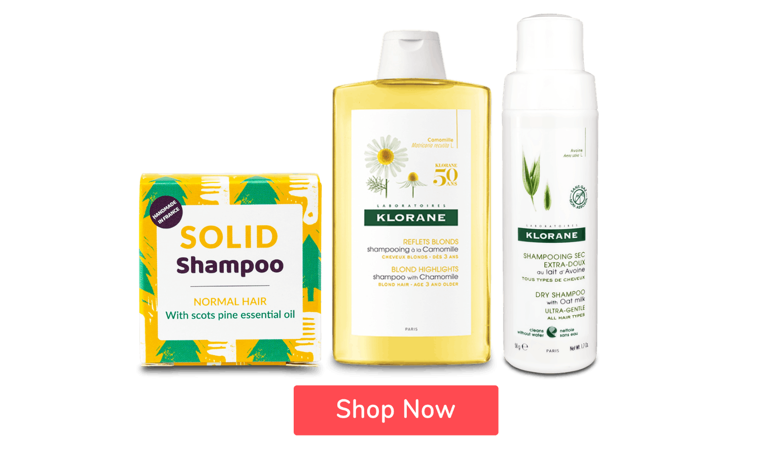 Klorane and Lamazuna vegan shampoo products with button ‘shop now’