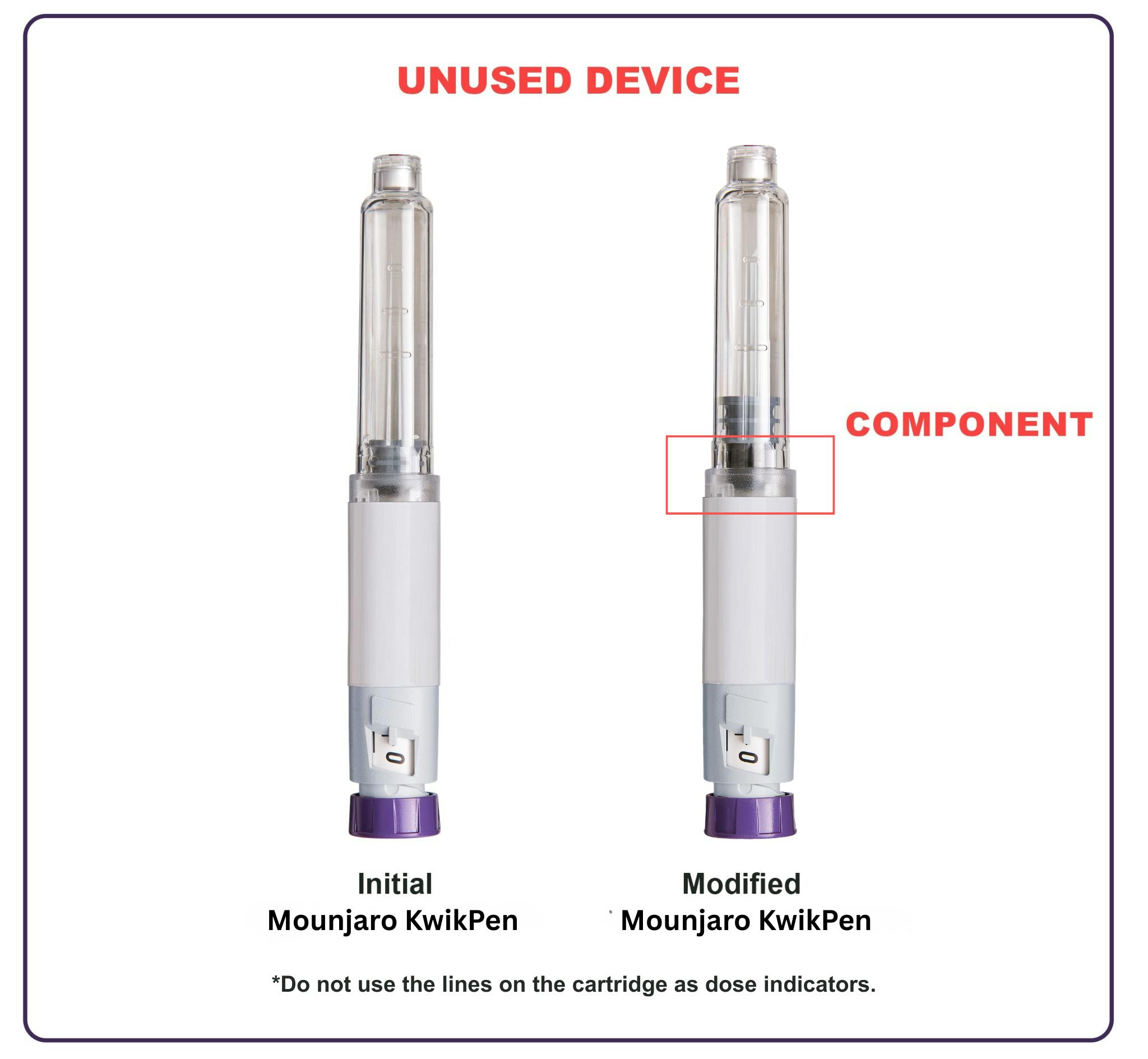 Initial and modified Mounjaro KwikPen showing the plunger position change