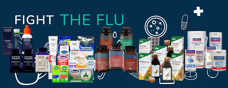 Text saying Fight the flu, and a collection of vitamins and medicines to help fight the cold and flu.