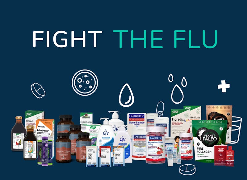 Text saying fight the flu over a range of health products meant to fight off infection