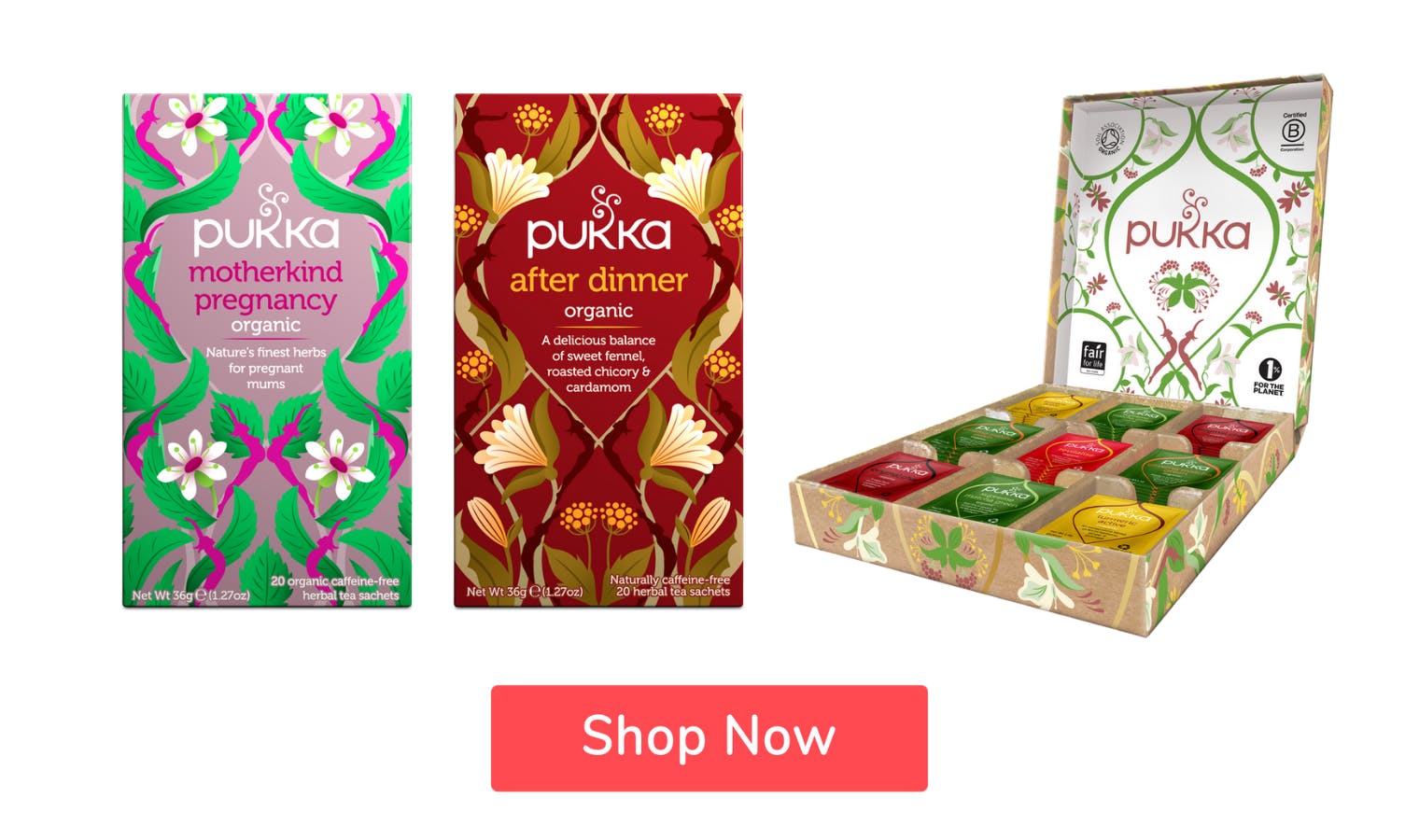 pukka tea products with button ‘shop now’