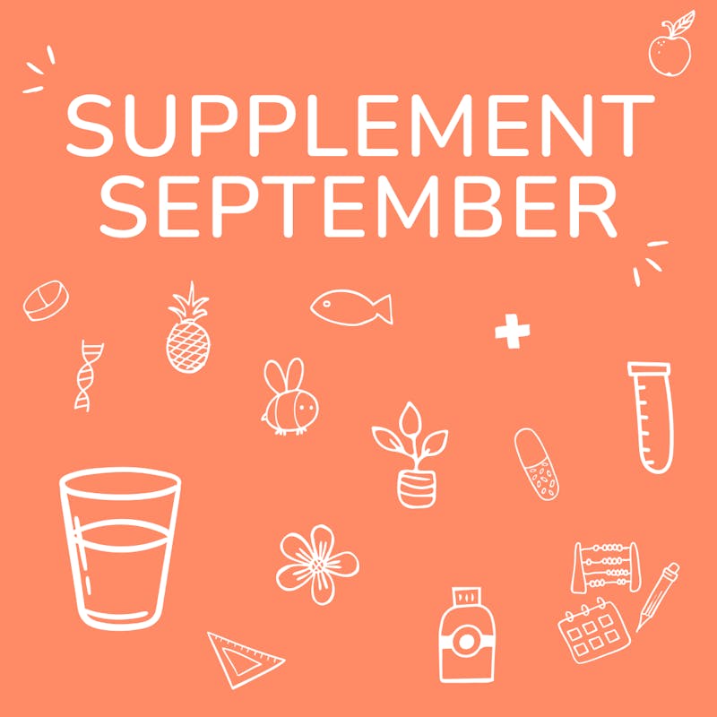 Text saying Supplement september on a colourful background with icons representing various ingredients, like herbs, animals and honey.