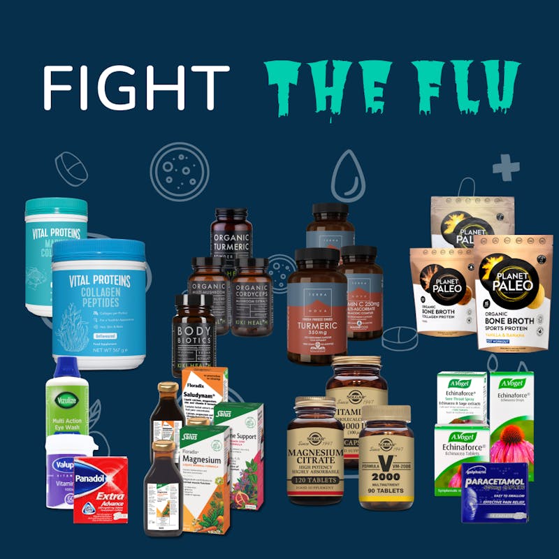 A range of products to help prevent flu, and text saying Fight the flu