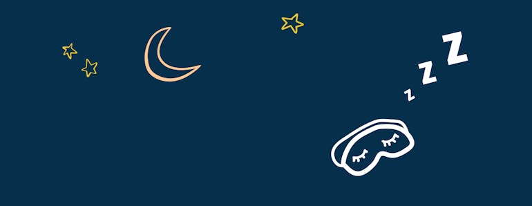 dark blue background and a moon and some stars over a sleep mask and some Z:s