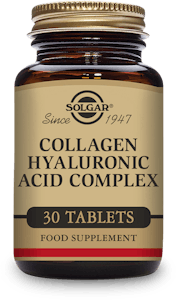 A bottle of Solgar collagen hyaluronic acid complex 30 tablets