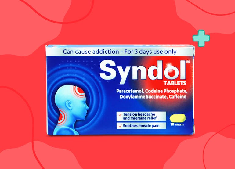 Syndol 10 tablets on a pink background. Syndol is a pain reliever and sleep aid.