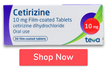 Teva Cetirizine Dihydrochloride 10mg Hay Fever Allergy Relief 30 Tablets with button ‘shop now’
