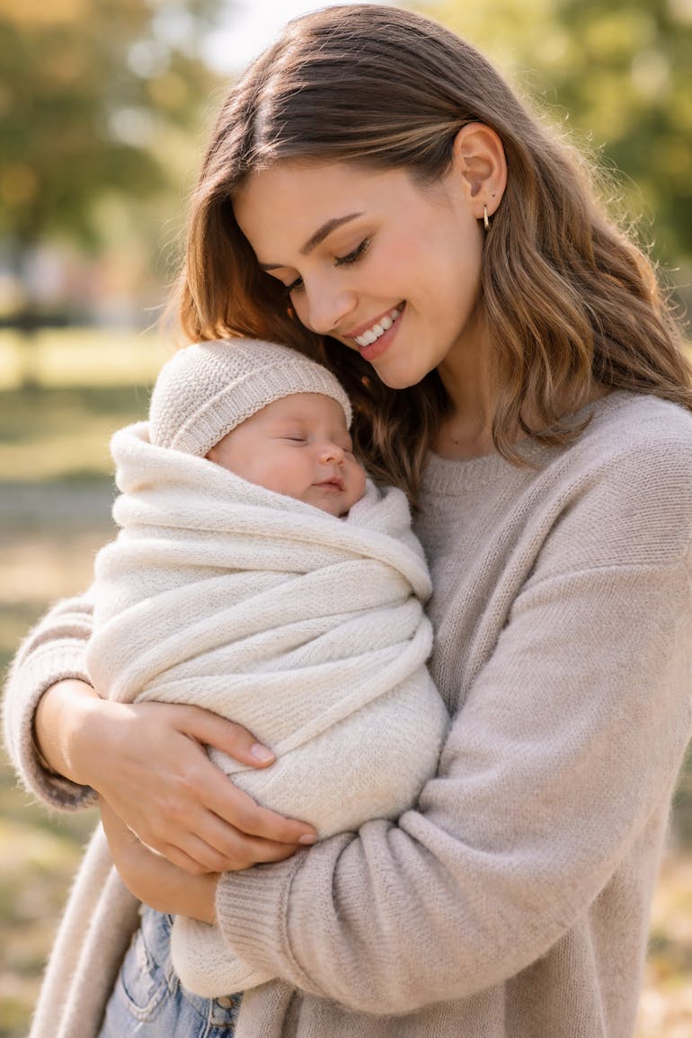 An image of a woman smiling down at a baby in her arms, wrapped in a blanket