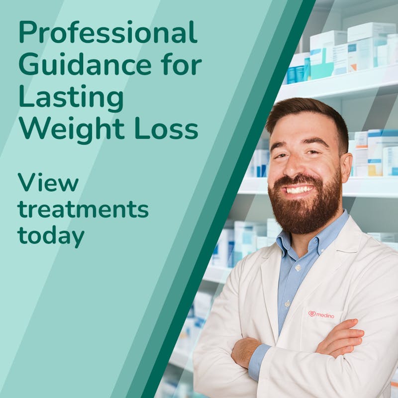 Text saying Weight loss treatments and advice available, on a light green background with an image of a medino pharmacist.