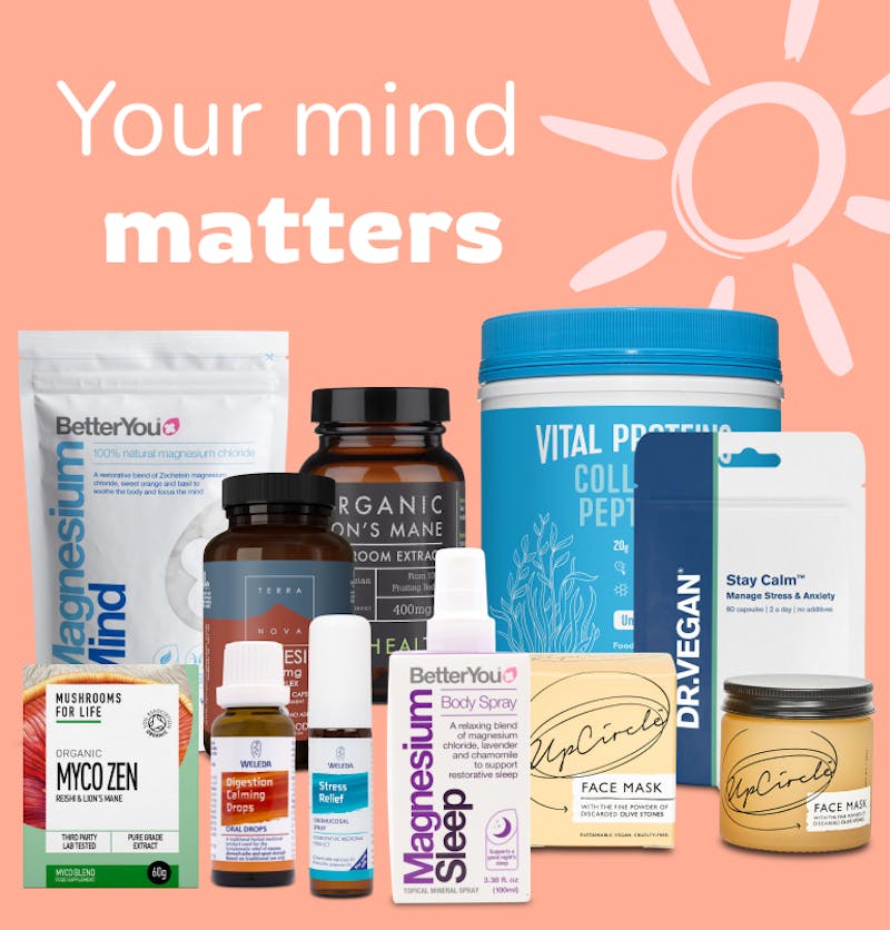 A sun behind a range of products with focus on mental health. Text saying your mind matters.